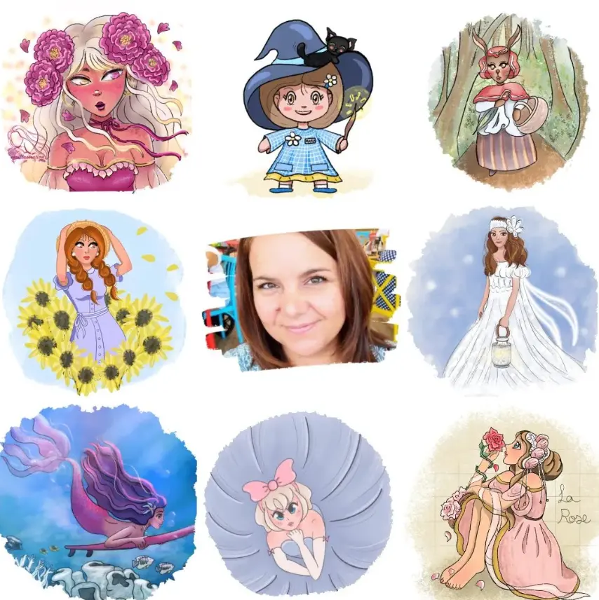 Imagen con varios ejemplos de ilustraciones con la cara de Elena en el centro de todas
